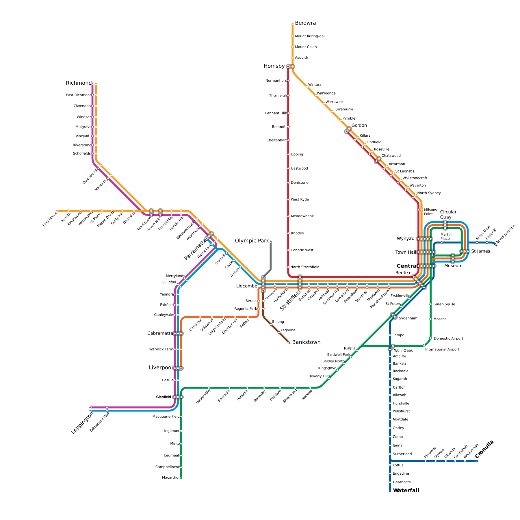 Sydney Metro train network map — Sydney Trains metropolitan and regional lines, City Circle and Sydney Metro